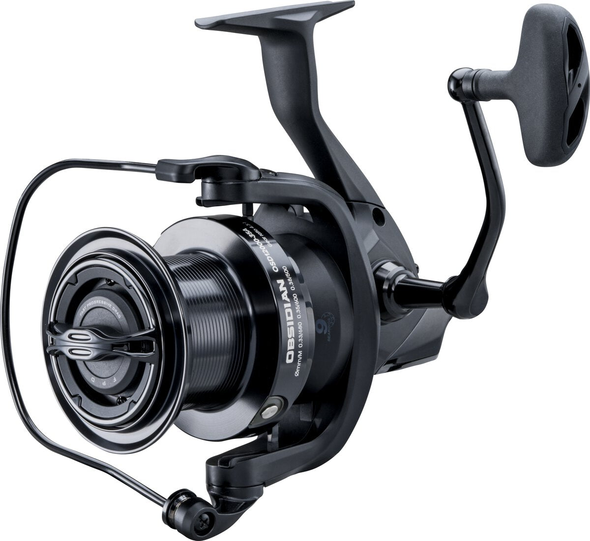 Front three-quarter view of the all-black Obsidian, showing the Fast Progressive Drag knob and the spool ring reading OSD12000-35A