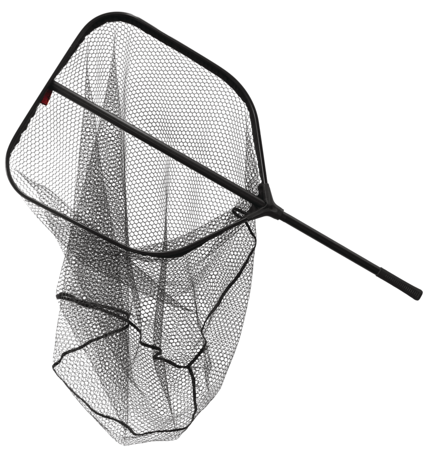 Rapala Pro Guide Medium Net at three-quarter angle, showing the square-cornered frame, the deep hanging mesh bag and the ribbed rubber butt grip