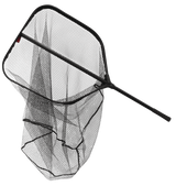 Rapala Pro Guide Medium Net at three-quarter angle, showing the square-cornered frame, the deep hanging mesh bag and the ribbed rubber butt grip
