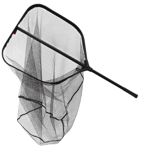 Rapala Pro Guide Medium Net at three-quarter angle, showing the square-cornered frame, the deep hanging mesh bag and the ribbed rubber butt grip