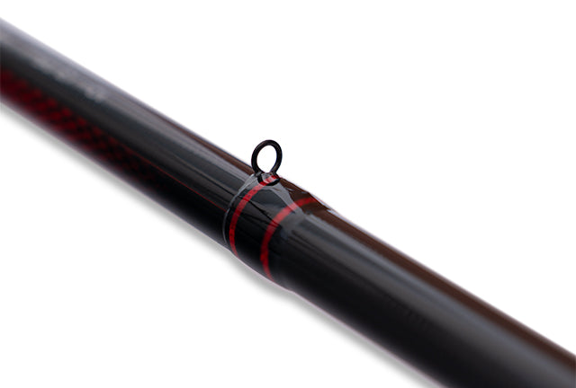 Drennan Red Range rod detail: single-leg lined running guide on the red and black whipped blank