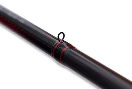 Drennan Red Range rod detail: single-leg lined running guide on the red and black whipped blank