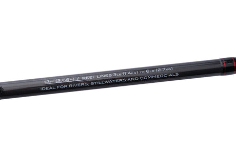 Specification printed on the Drennan Red Range Float Fish 12ft blank: 12ft (3.66m), reel lines 3lb to 6lb, ideal for rivers, stillwaters and commercials