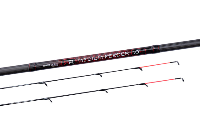 Drennan Red Range Medium Feeder butt decal reading MEDIUM FEEDER 10, with both red-tipped glass quivertips alongside