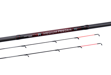 Drennan Red Range Medium Feeder butt decal reading MEDIUM FEEDER 10, with both red-tipped glass quivertips alongside