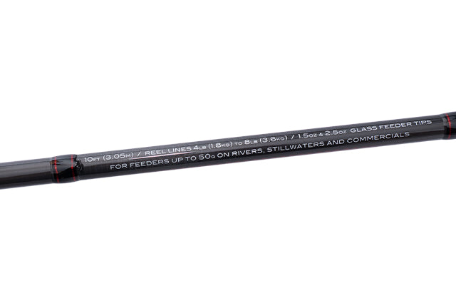 Specification printed on the Drennan Red Range Medium Feeder 10ft blank: 10ft (3.05m), reel lines 4lb to 8lb, 1.5oz and 2.5oz glass feeder tips, feeders up to 50g