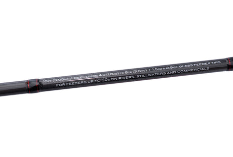 Specification printed on the Drennan Red Range Medium Feeder 10ft blank: 10ft (3.05m), reel lines 4lb to 8lb, 1.5oz and 2.5oz glass feeder tips, feeders up to 50g