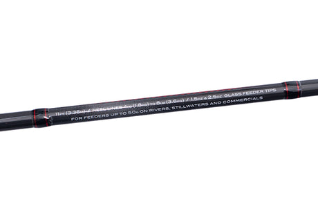 Specification printed on the Drennan Red Range Medium Feeder 11ft blank: 11ft (3.35m), reel lines 4lb to 8lb, 1.5oz and 2.5oz glass feeder tips, feeders up to 50g