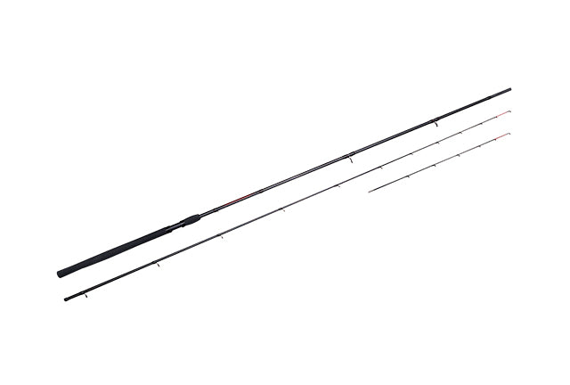 Drennan Red Range Medium Feeder 11ft, two-piece rod with its two spare glass quivertips