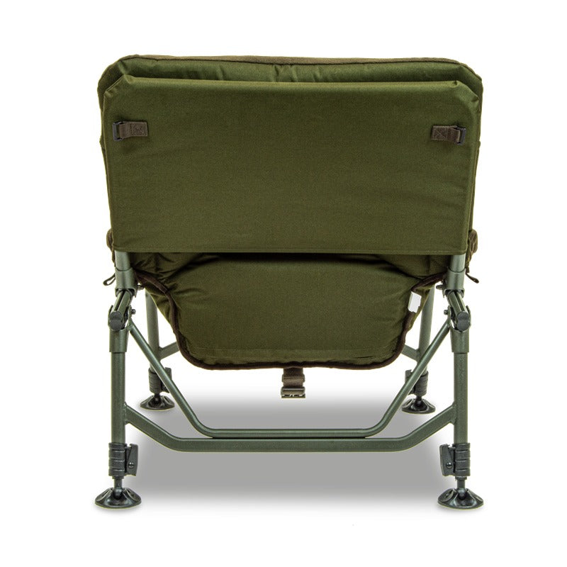 Straight rear view of the same chair: plain green 600D back panel with two webbing tabs at the top, braced frame, four mud feet. Same chair as the hero.