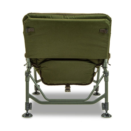 Straight rear view of the same chair: plain green 600D back panel with two webbing tabs at the top, braced frame, four mud feet. Same chair as the hero.