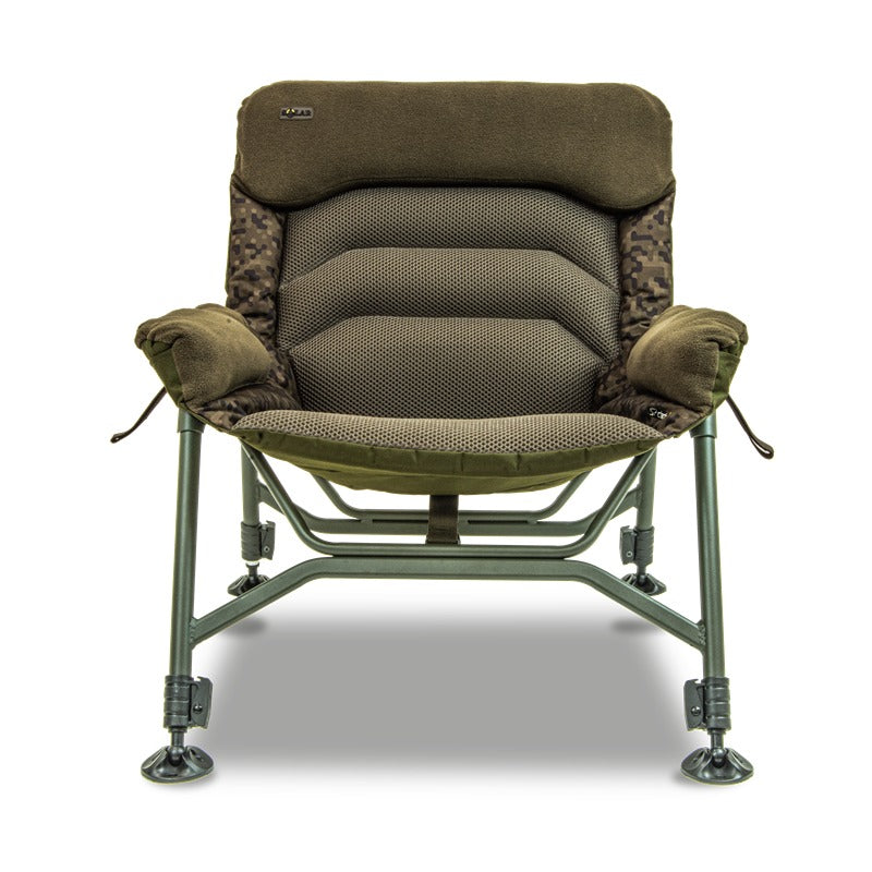 Head-on front view showing the 'cup' shape - camo side wings wrapping in, mesh seat and back, both padded arms.
