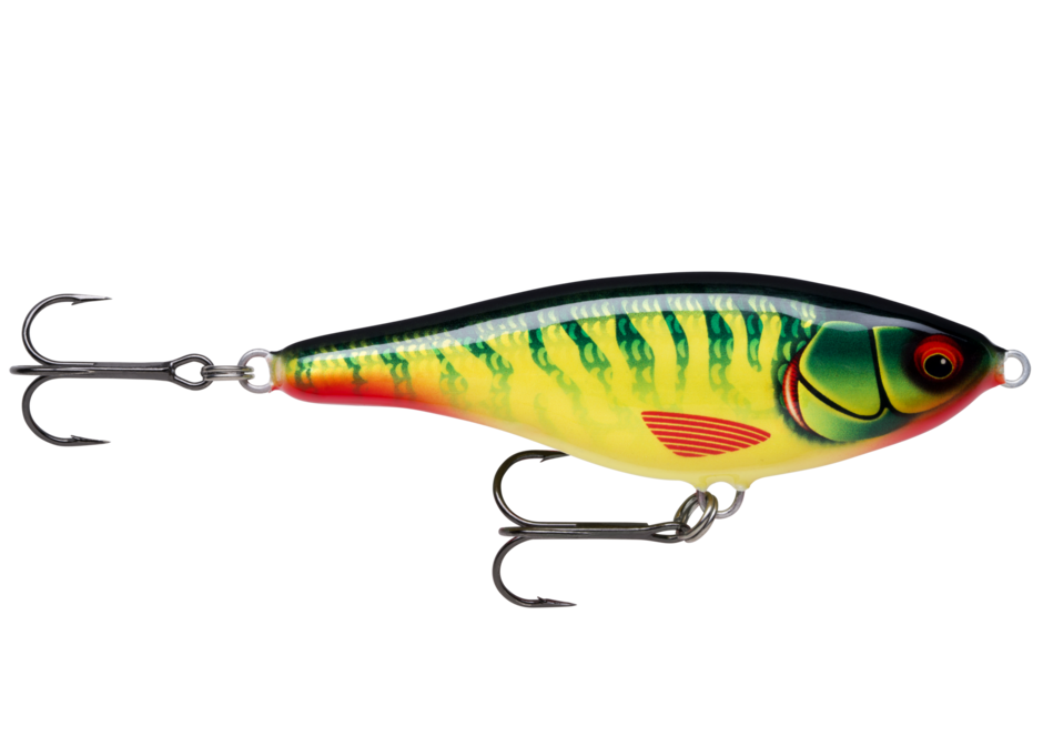 Hot Pike (HTPK): green pike vermiculation over a chartreuse flank, with a red belly and red pectoral fin