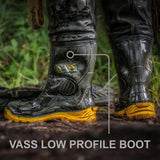 Vass-Tex 700E Nova chest wader low-profile Vass E Boots worn on the bank, yellow soles and ankle badge