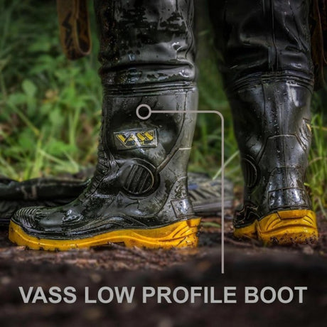 Vass-Tex 700E Nova chest wader low-profile Vass E Boots worn on the bank, yellow soles and ankle badge