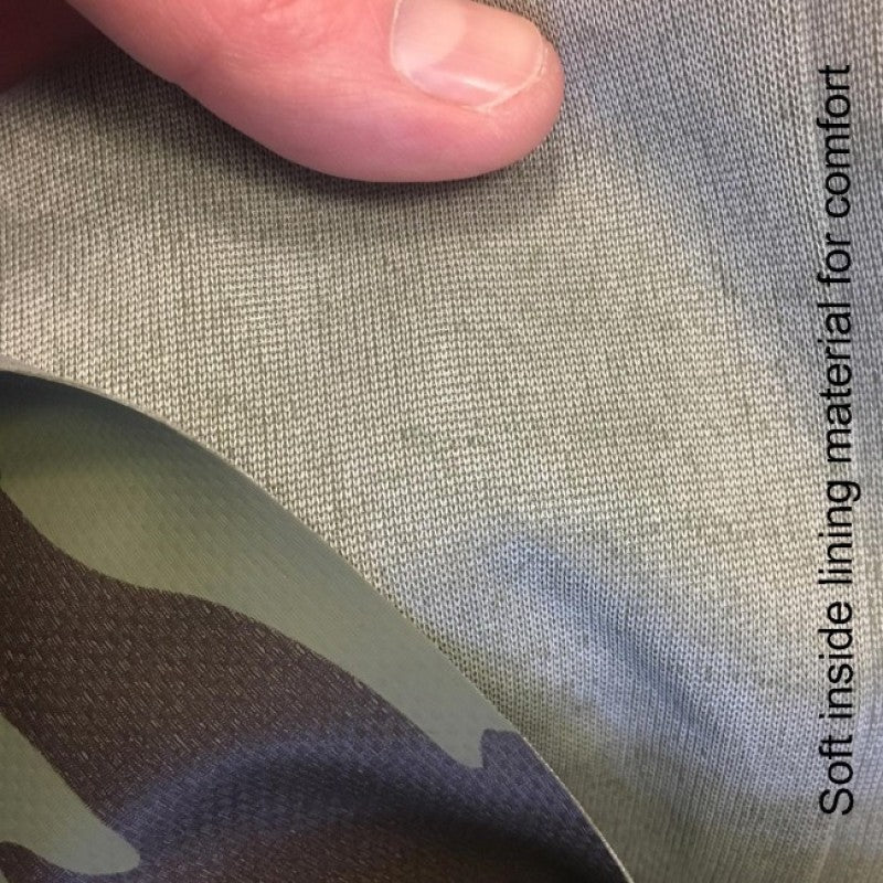 Vass-Tex 785 camo chest wader material folded back to show the soft knitted inner lining