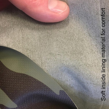 Vass-Tex 785 camo chest wader material folded back to show the soft knitted inner lining