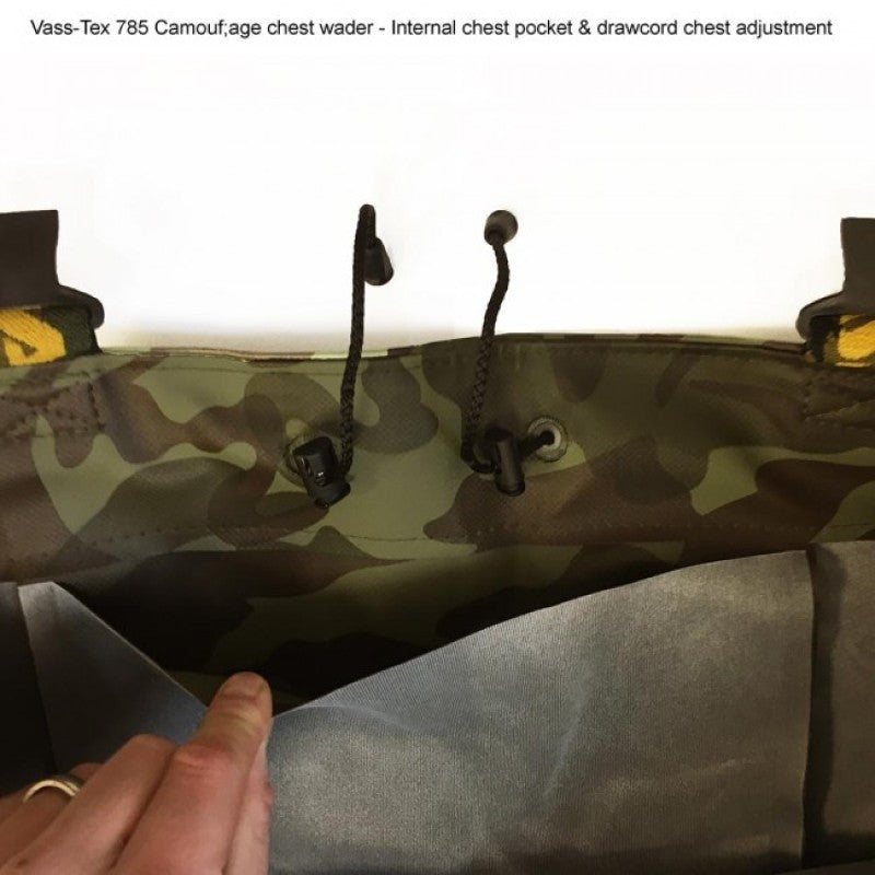 Vass-Tex 785 camo chest wader top held open showing the internal chest pocket and drawcord toggles