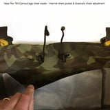 Vass-Tex 785 camo chest wader top held open showing the internal chest pocket and drawcord toggles