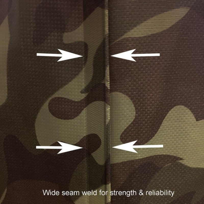Vass-Tex 785 camo chest wader wide quad-welded seam across the camouflage material