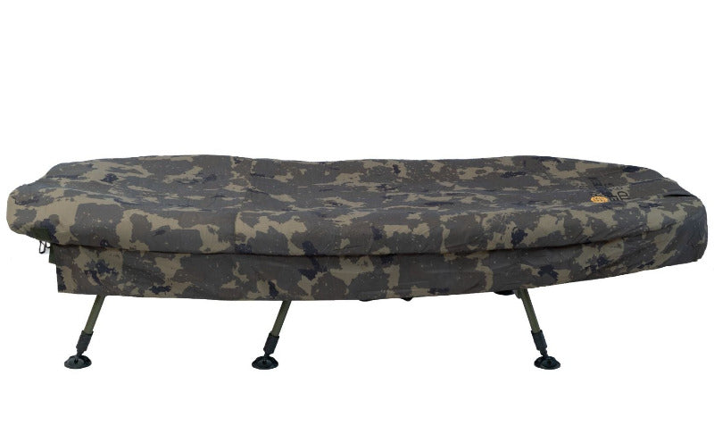 Side elevation with the bag zipped shut over the bed - three legs on the visible side, i.e. the six-leg frame. Shows the mattress depth.