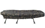Side elevation with the bag zipped shut over the bed - three legs on the visible side, i.e. the six-leg frame. Shows the mattress depth.