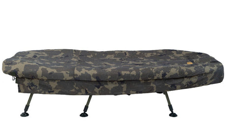 Side elevation with the bag zipped shut over the bed - three legs on the visible side, i.e. the six-leg frame. Shows the mattress depth.