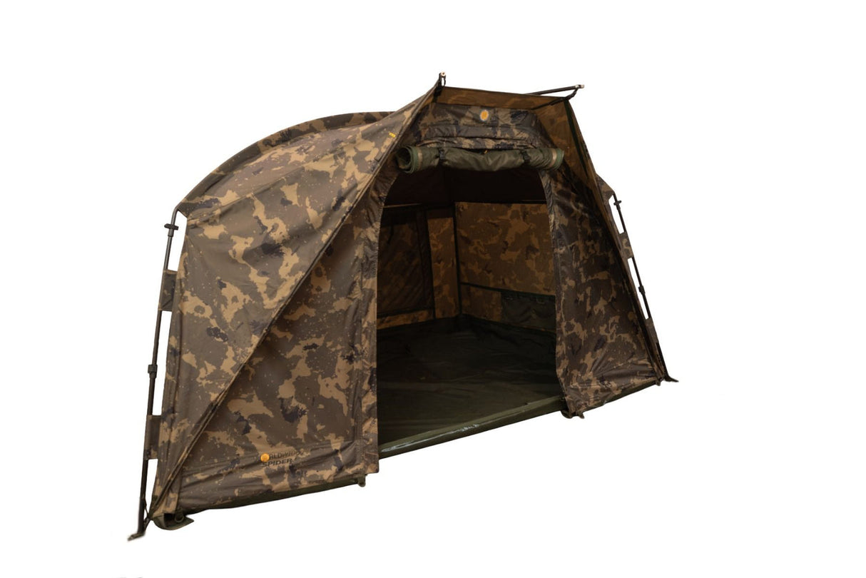 Solar Worldwide Spider FS bivvy fully open, showing the zip-in groundsheet and the stowed infill panel
